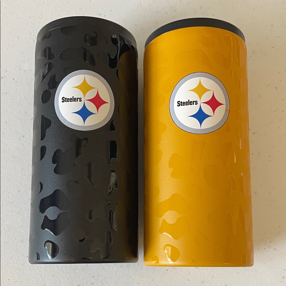 2 NEW Pittsburgh Steelers Black Yellow Leopard 12oz. Slim Can Holders NFL
